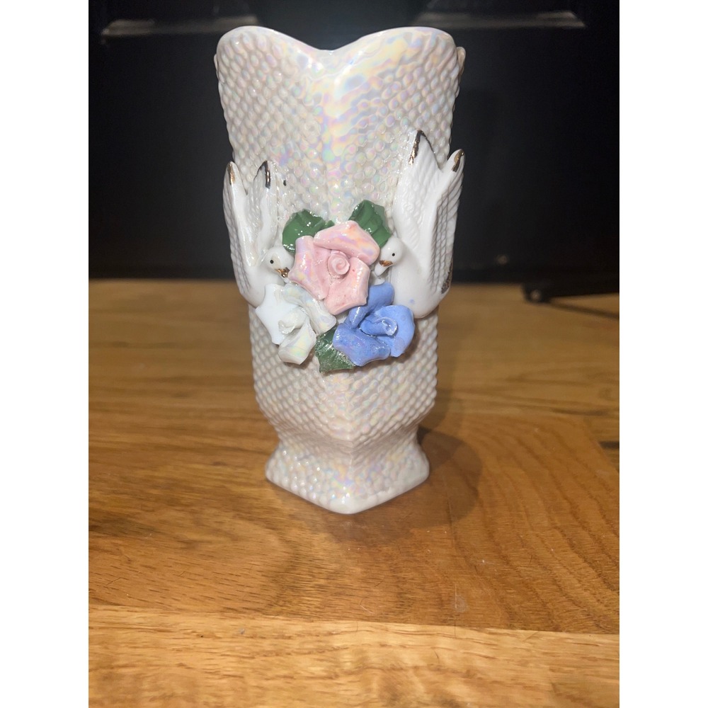 Vintage Iridescent Ceramic Vase White Doves Pink Blue Roses Hobnail 7 Inch